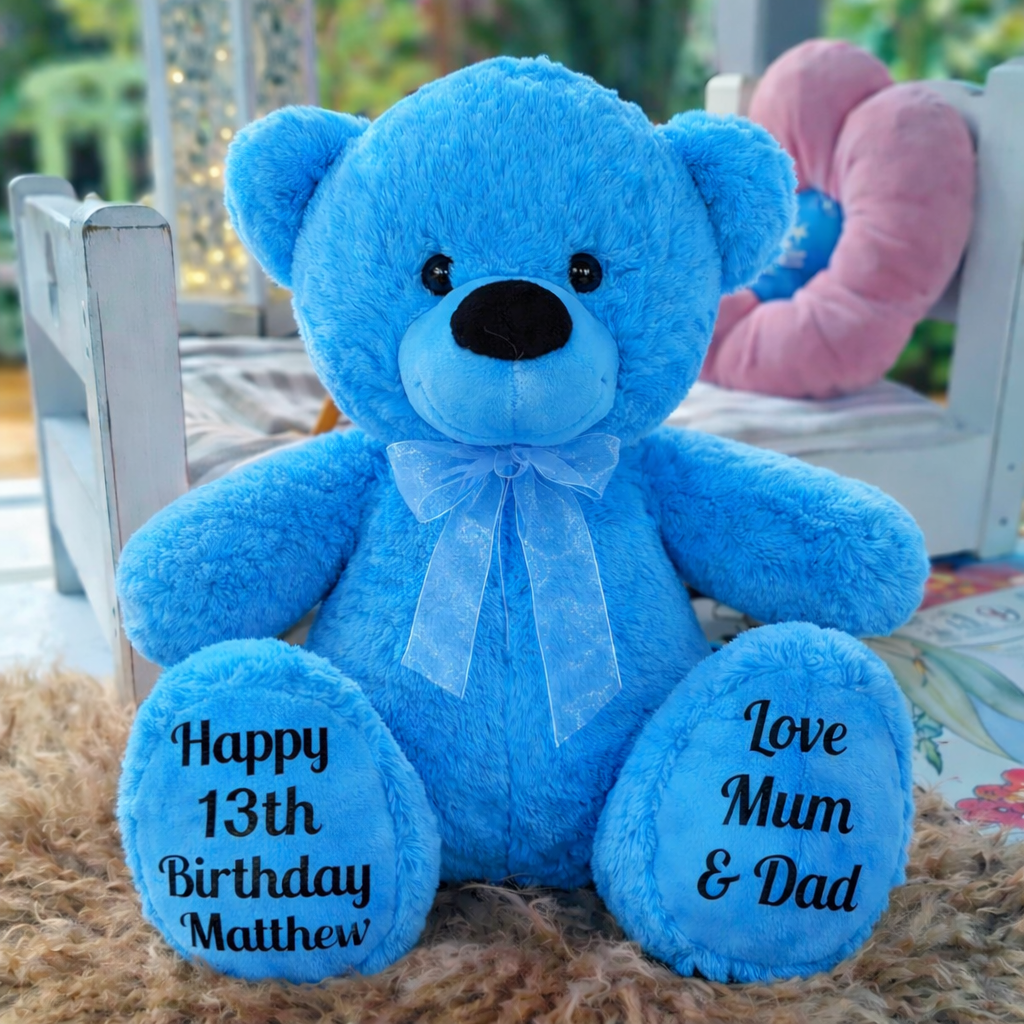 13th Birthday Bright Blue Bear 30cm Personalised Feet Message