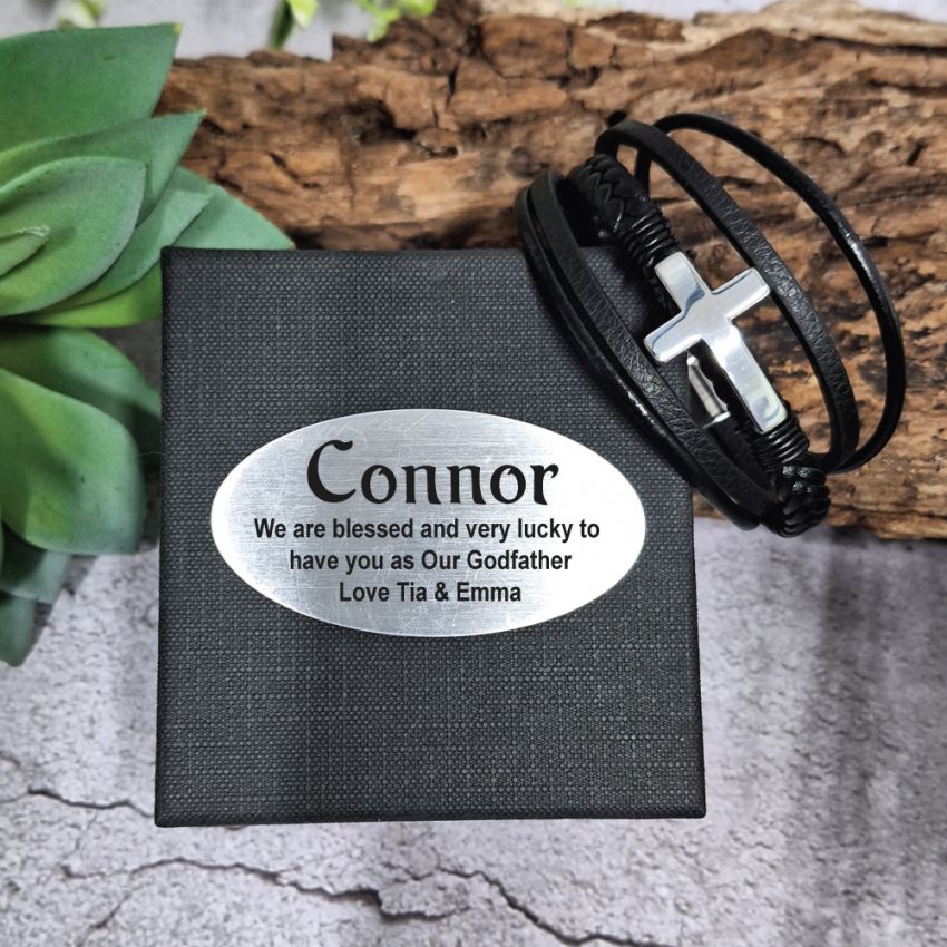 Godfather Silver Cross Stacked Bracelet Gift Box with Plaque