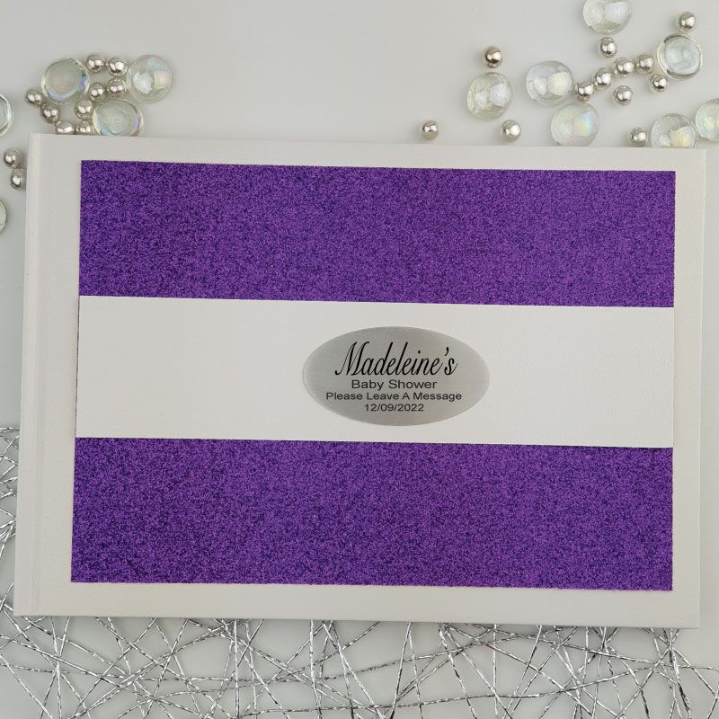 Personalised A5 Guest Book Baby Shower White with Purple Glitter