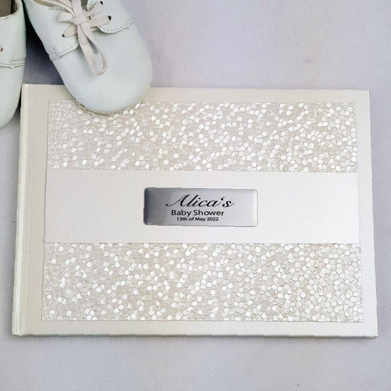 Personalised Cream Pebble Baby Shower Guest Book with Custom Plaque