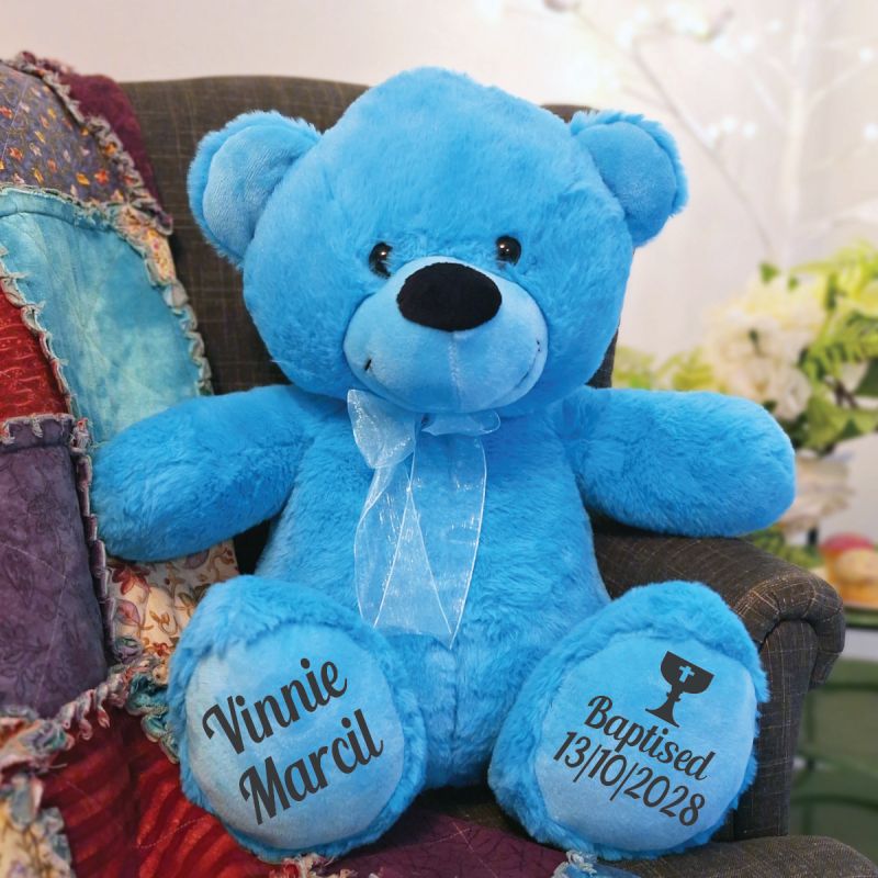 Bright Blue Bear 40cm Baptism Message on Feet