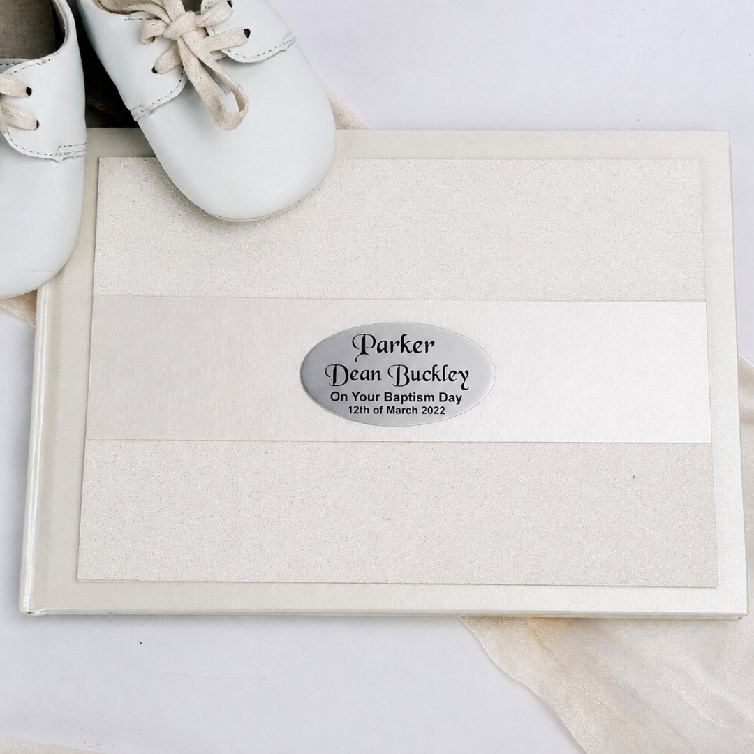 Personalised Cream Glitter Baptism Guest Book with Custom Plaque
