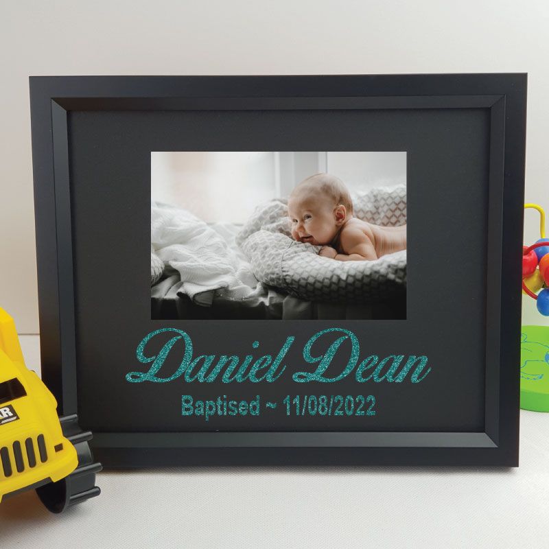 Personalised baptism 6x4 landscape black photo frame with glitter vinyl message – image 1