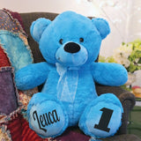 Bright Blue Bear 40cm 1st Birthday Personalised Message on Feet