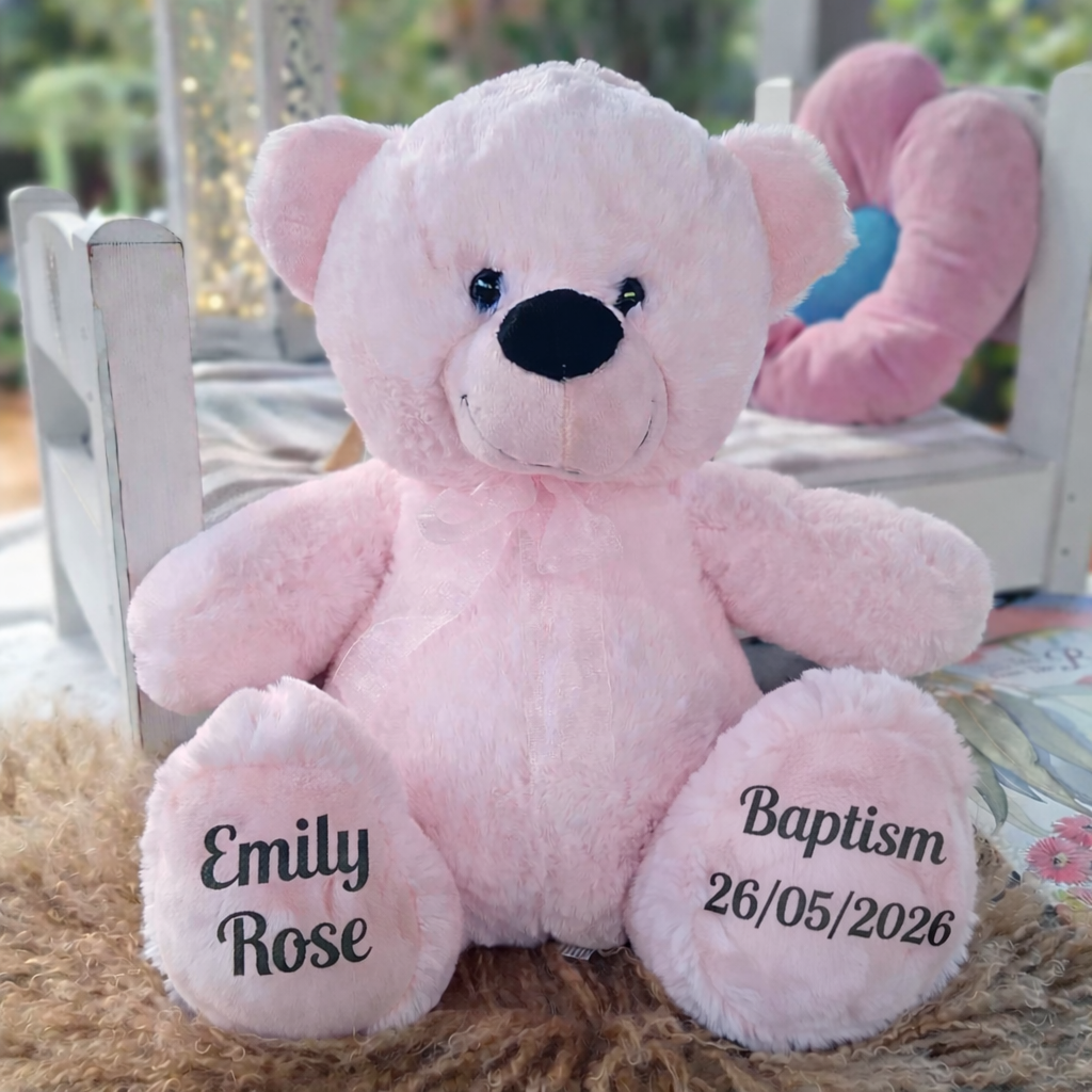 Light Pink Bear 30cm Baptism Personalised on Feet