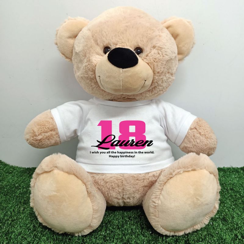 Personalised 40cm Beige Plush Bear 18th Birthday Message Shirt