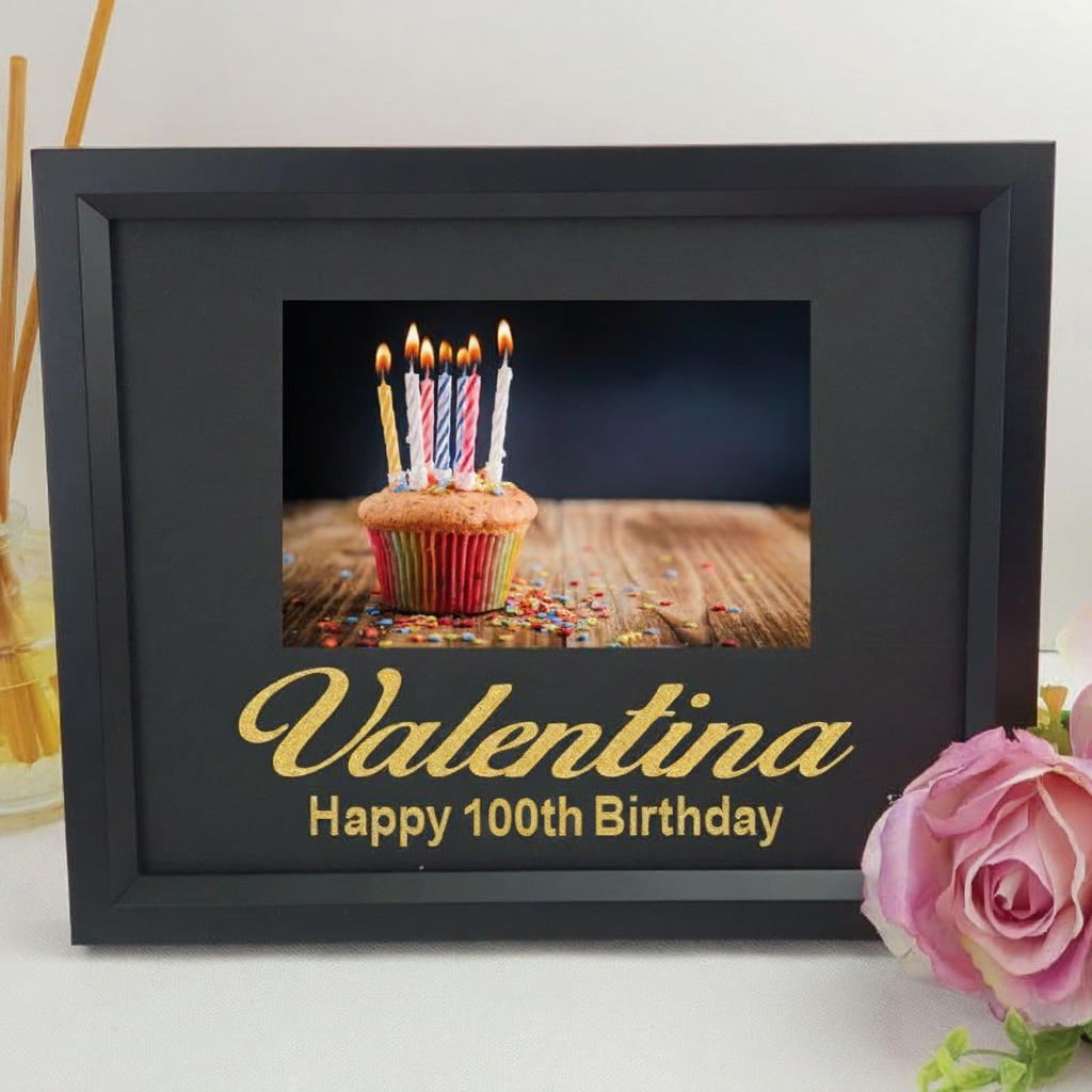 Personalised 100th Birthday 6x4 Landscape Black Photo Frame with Glitter Vinyl Message