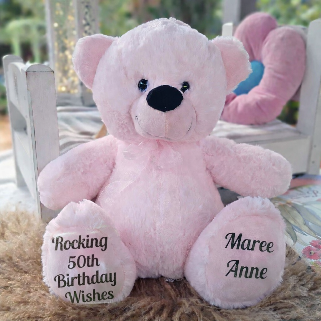 50th Birthday Light Pink Bear 30cm –  Message on Feet