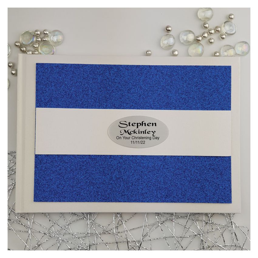 Custom Christening Memory and Message Book A5 – White Book with Blue Glitter