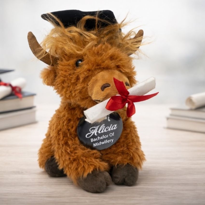 Highland Cow Graduation Plush 25x10cm with Personalised Badge