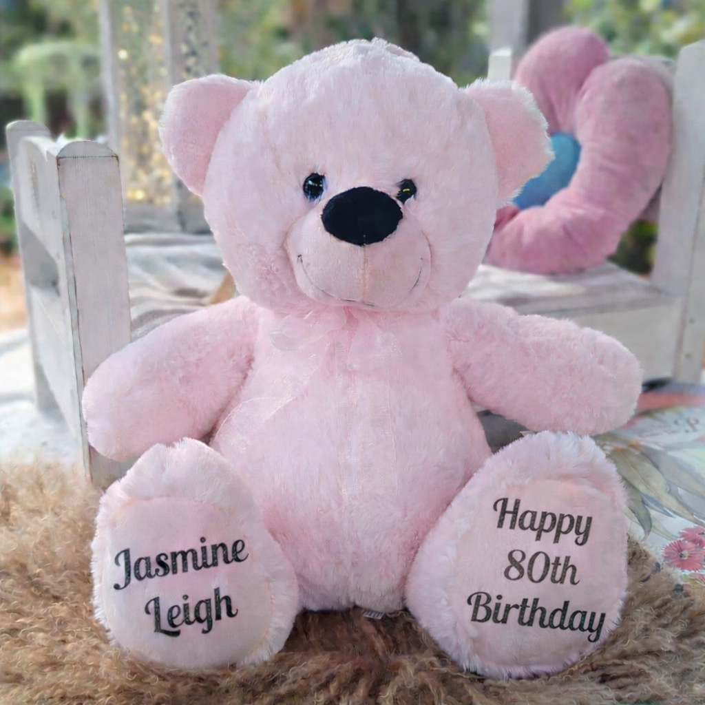 Light Pink Bear 30cm – 80th Birthday Personalised Message on Feet