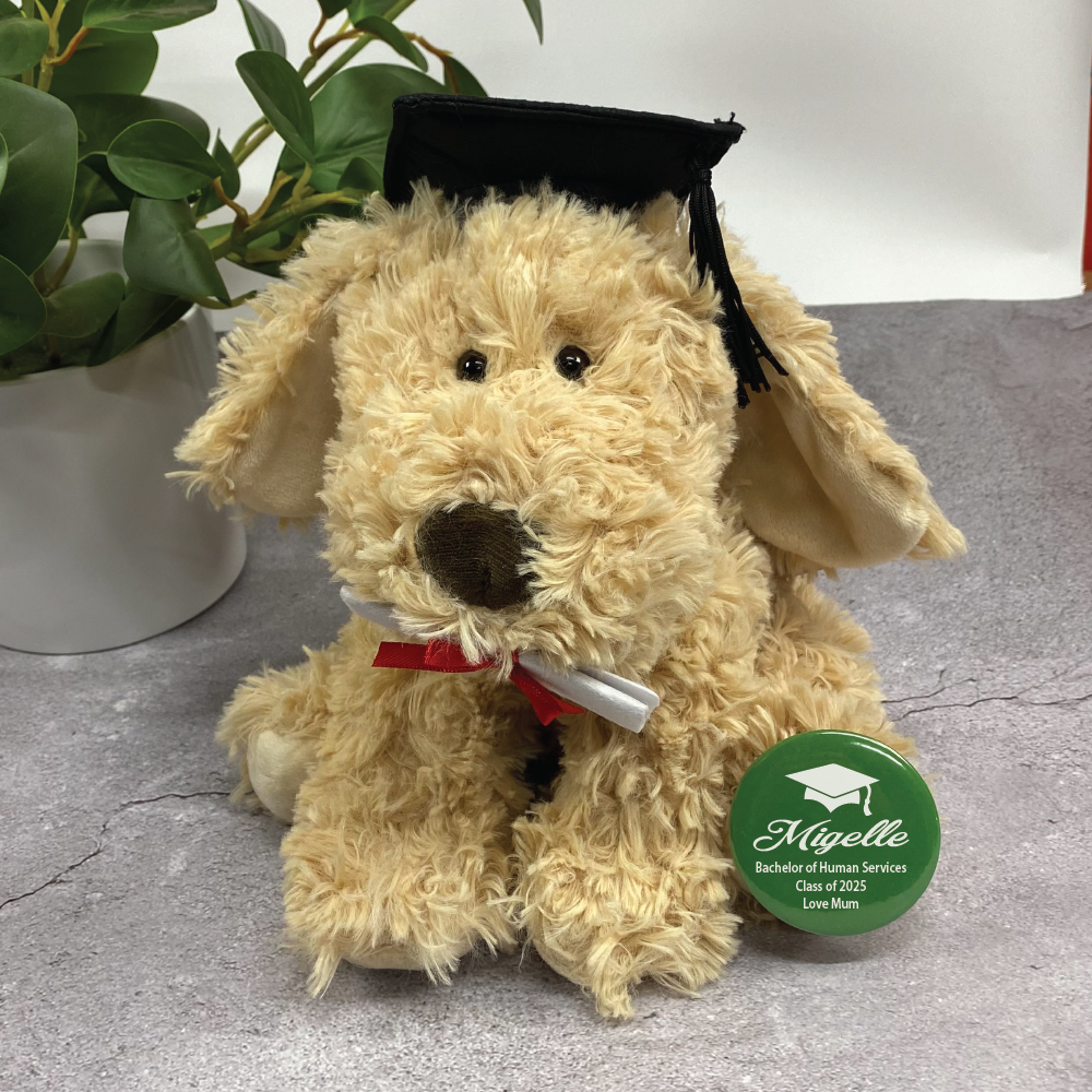 Max the Dog Plush Toy 25x20cm Graduation with Personalised Badge