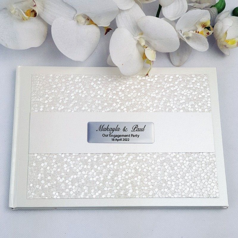 Personalised Cream Pebble Engagement Guest Book with Custom Plaque