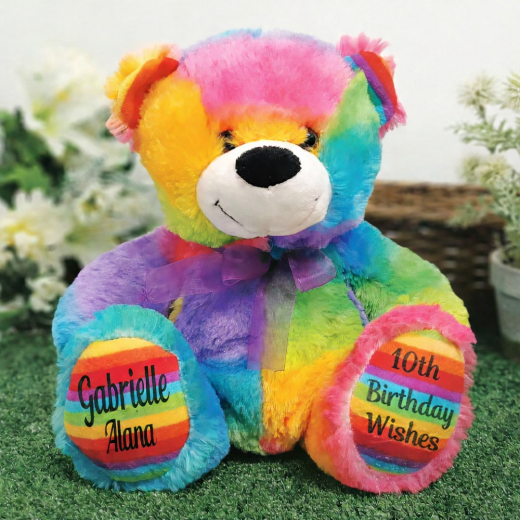 Personalised 30cm Rainbow Bear 10th Birthday with Message on Feet