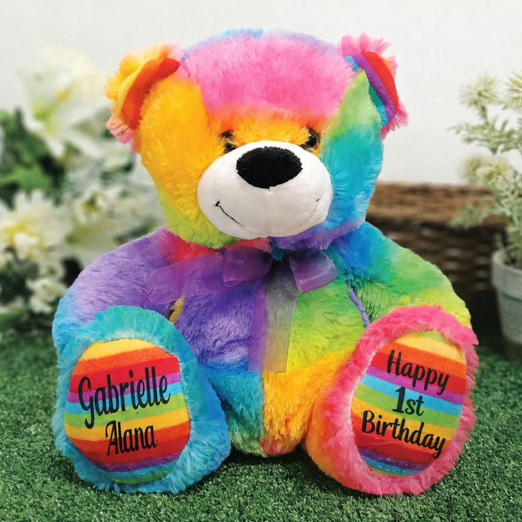 1st Birthday Rainbow Bear 30cm Personalised  Message on Feet