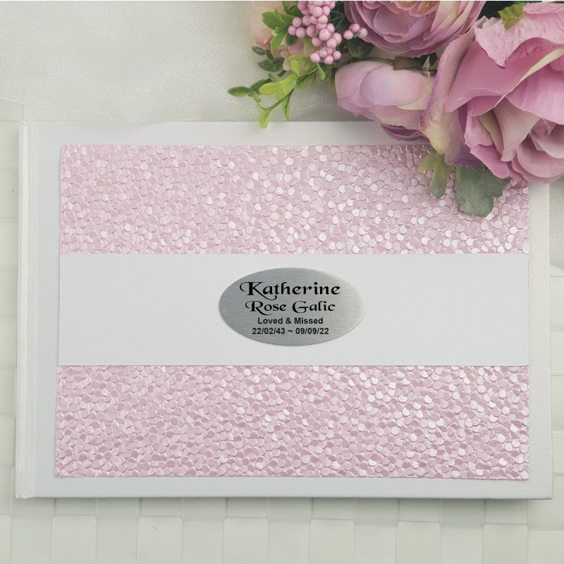 Personalised White Pink Pebble Memorial Guest Book with Custom Plaque