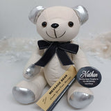 Signature Bear 40th Birthday with Personalised Badge Silver Ears and Black Bow