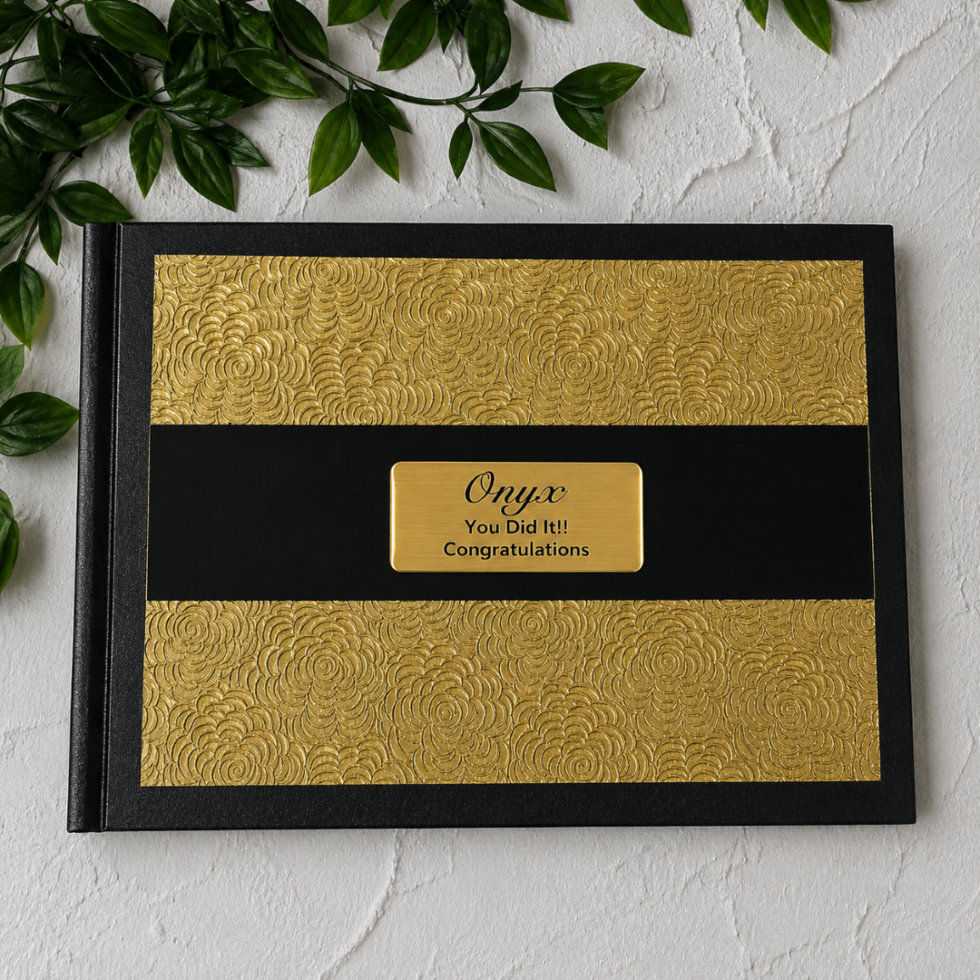 Graduation Personalised Black & Gold Embossed Guest Book with Custom Plaque