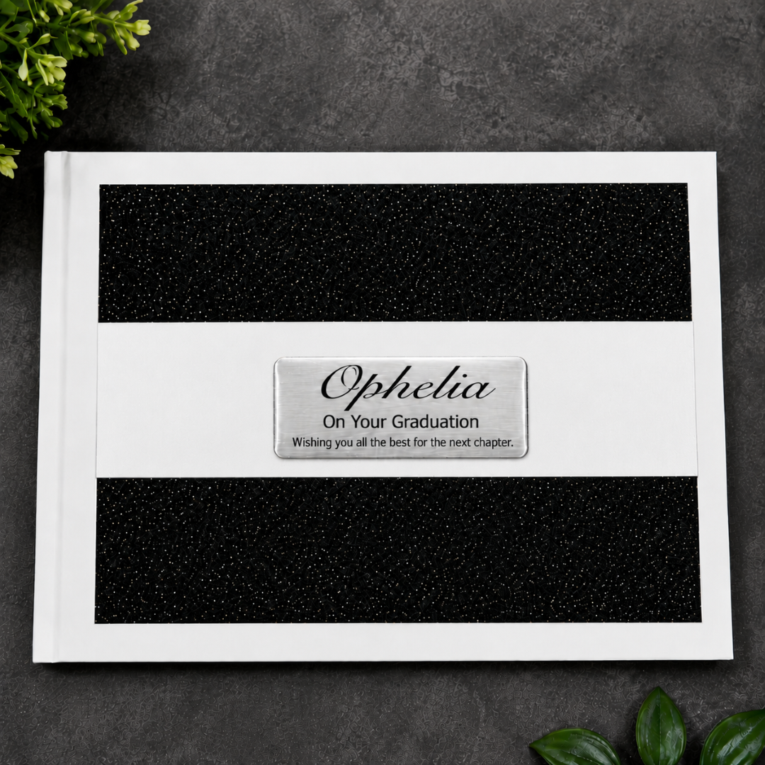 Personalised Graduation White Black Glitter Guest Book with Custom Plaque