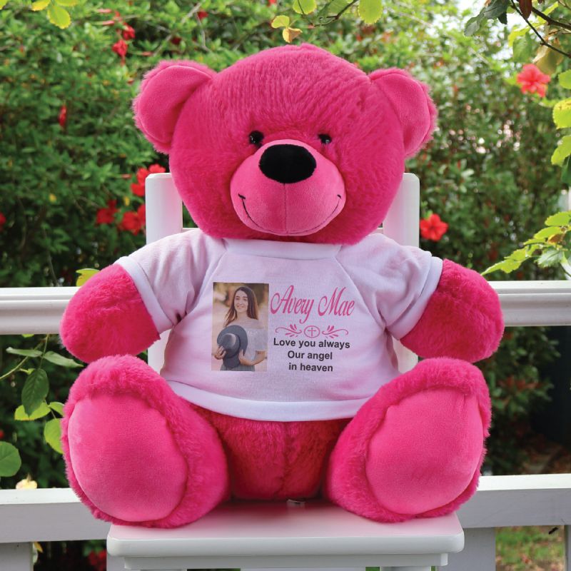 Personalised Memorial 40cm Hot Pink Teddy Bear with Photo Shirt