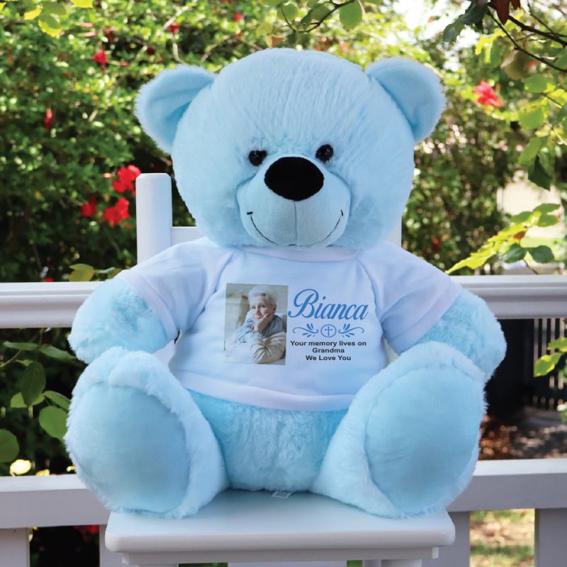Personalised Memorial 40cm Light Blue Teddy Bear with Photo Shirt