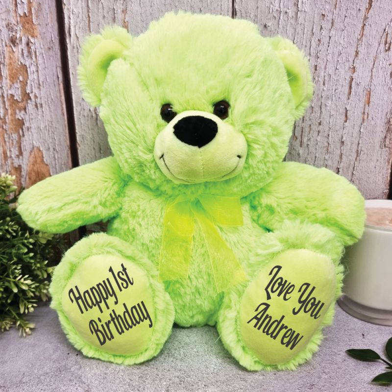Lime Bear 30cm Personalised 1st Birthday Message on Feet