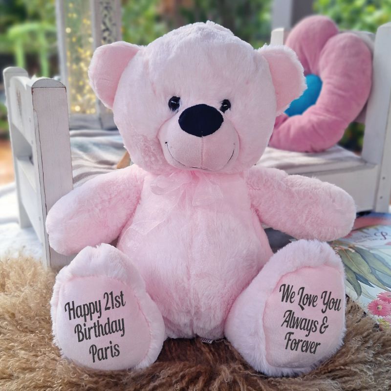 40cm Light Pink Bear – 21st Birthday Personalised Message on Feet