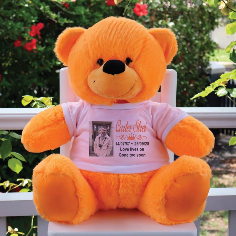 Personalised Memorial 40cm Orange Teddy Bear with Photo Shirt