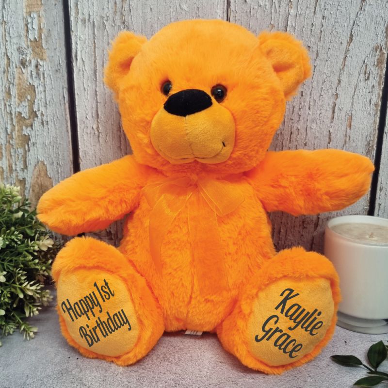 Personalised 30cm Orange Bear for 1st Birthday with Message on Feet