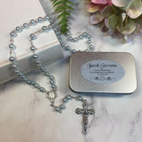 Personalised Blue Pearl Rosary Beads Gift Box with Custom Plaque