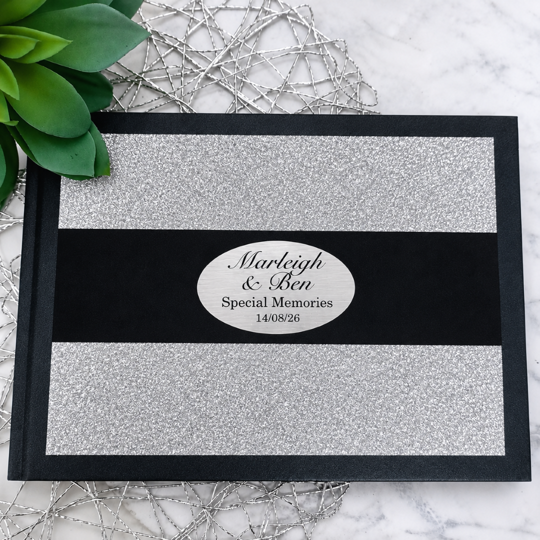 Personalised Black & Silver Glitter Guest Book with Custom Plaque