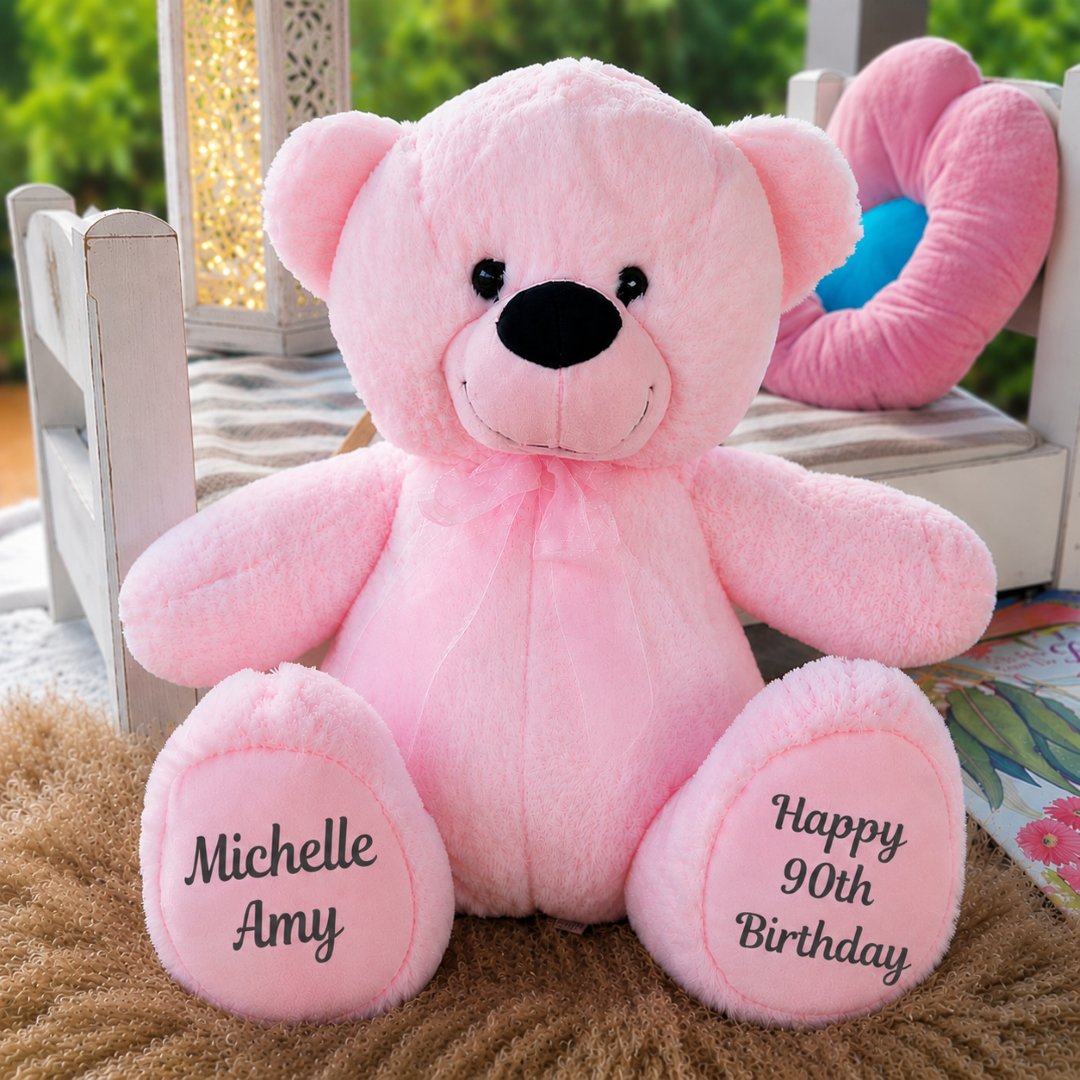40cm Light Pink Bear 90th Birthday Personalised on Feet