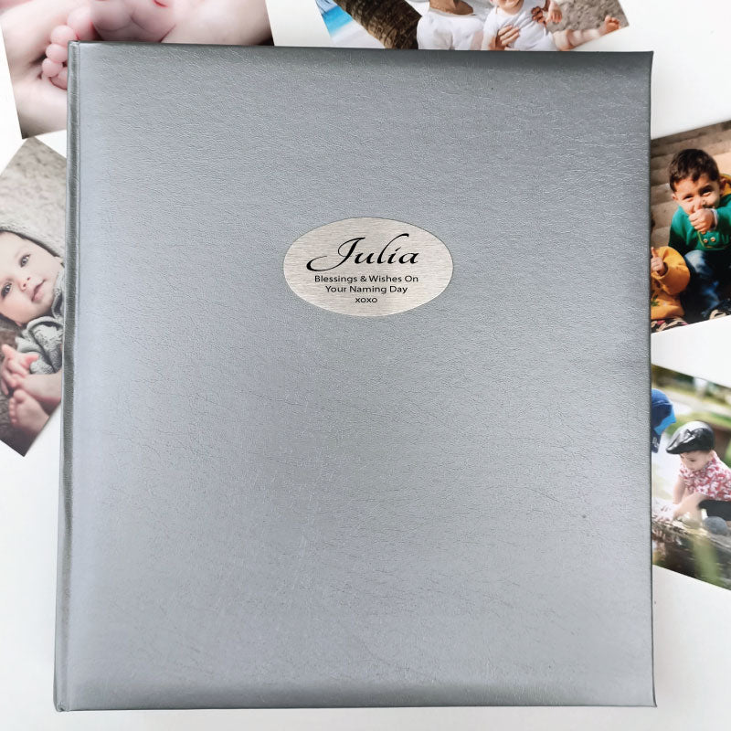 Silver Glamour Album 500 Photos  Naming Day Personalised Plaque Inscription