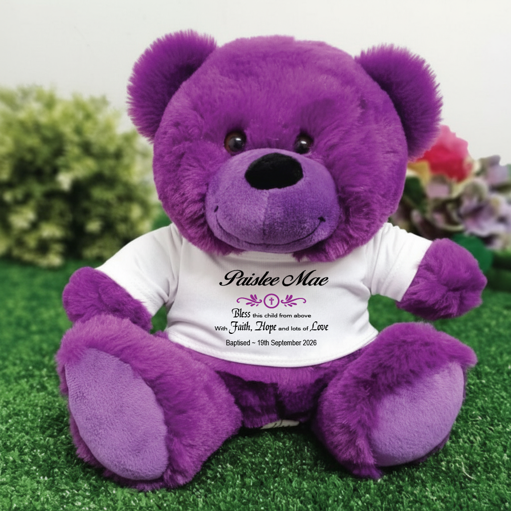 23cm Purple Bear for Baptism with Personalised Shirt