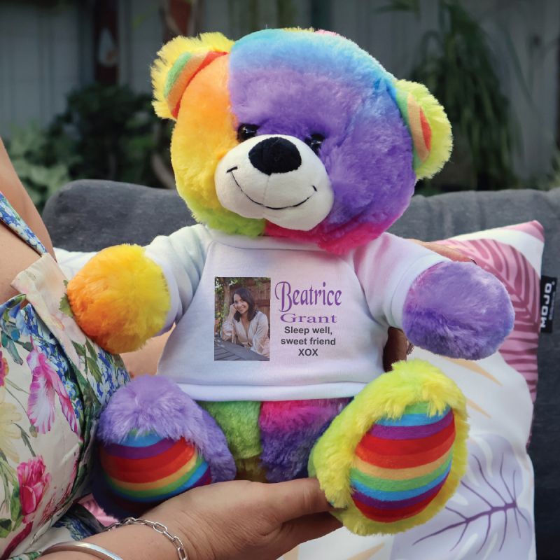 Personalised Memorial 30cm Rainbow Teddy Bear with Photo Shirt