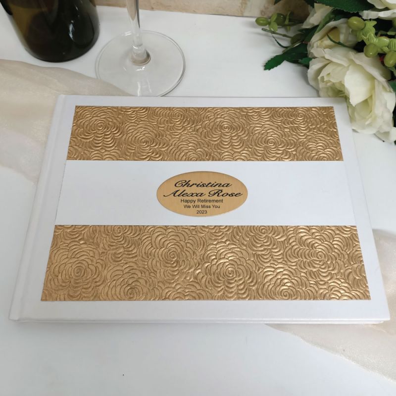Personalised Retirement White Gold Embossed Guest Book with Custom Plaque