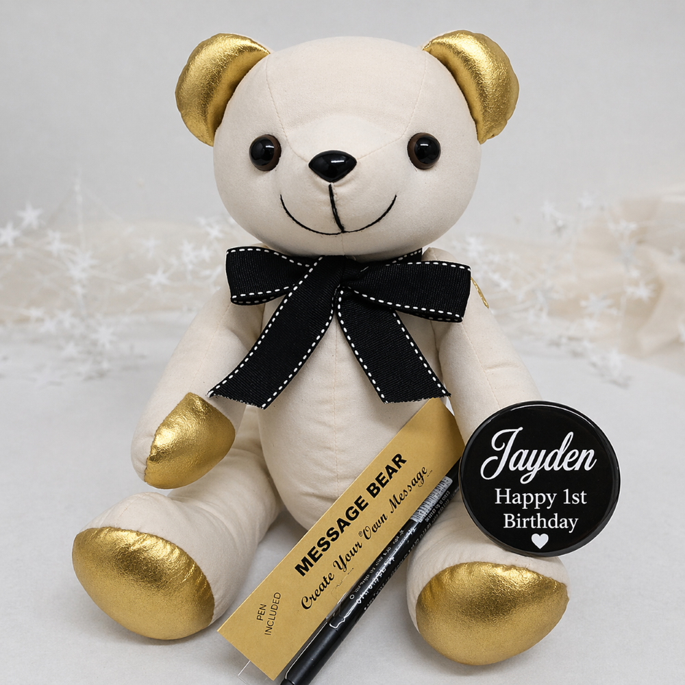 Signature Bear 1st Birthday Personalised Gold Ears and Feet/Black Bow