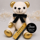 Signature Bear 21st Birthday Personalised Badge Gold Ears and Feet/Black Bow