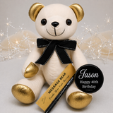 Personalised 40th Birthday Signature Bear with Gold Ears and Black Bow