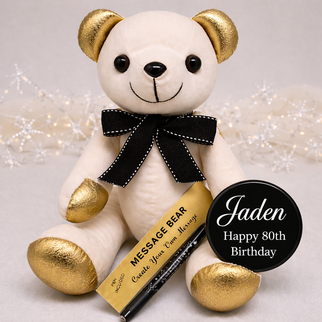 Signature Bear 80th Birthday Personalised Badge Gold Ears and Feet/Black Bow