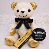Signature Bear Gold Ears and Feet/Black Bow Baptism Personalised Message on Badge