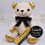 Personalised Signature Bear Gold Ears and Feet/Black Bow Coach Gift with Message on Badge