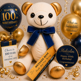 Signature Bear Gold Accents/Blue Bow 100th Birthday with Personalised Badge