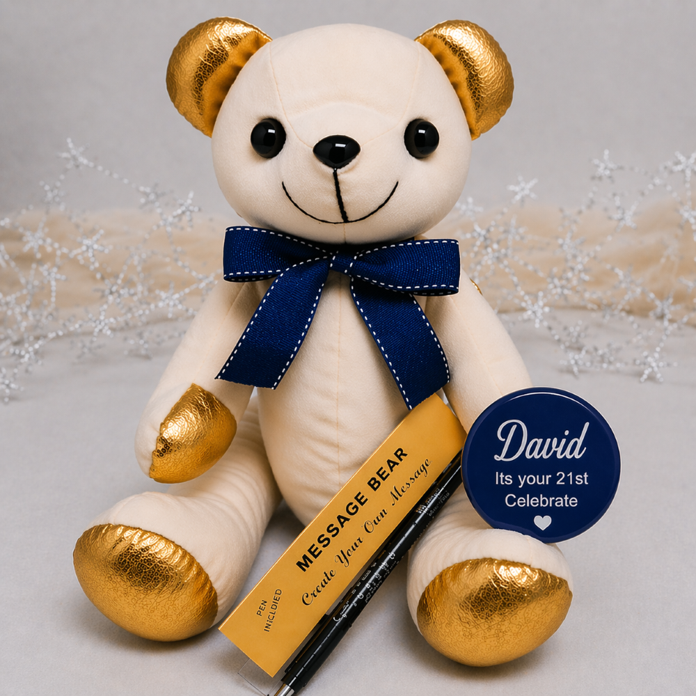 21st Birthday Signature Bear Blue Bow Gold Ears Feet