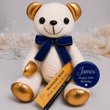 Signature Bear Gold Accents/Blue Bow 30th Birthday with Personalised Badge