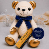 Signature Bear 70th Birthday with Personalised Badge Gold Accents/Blue Bow