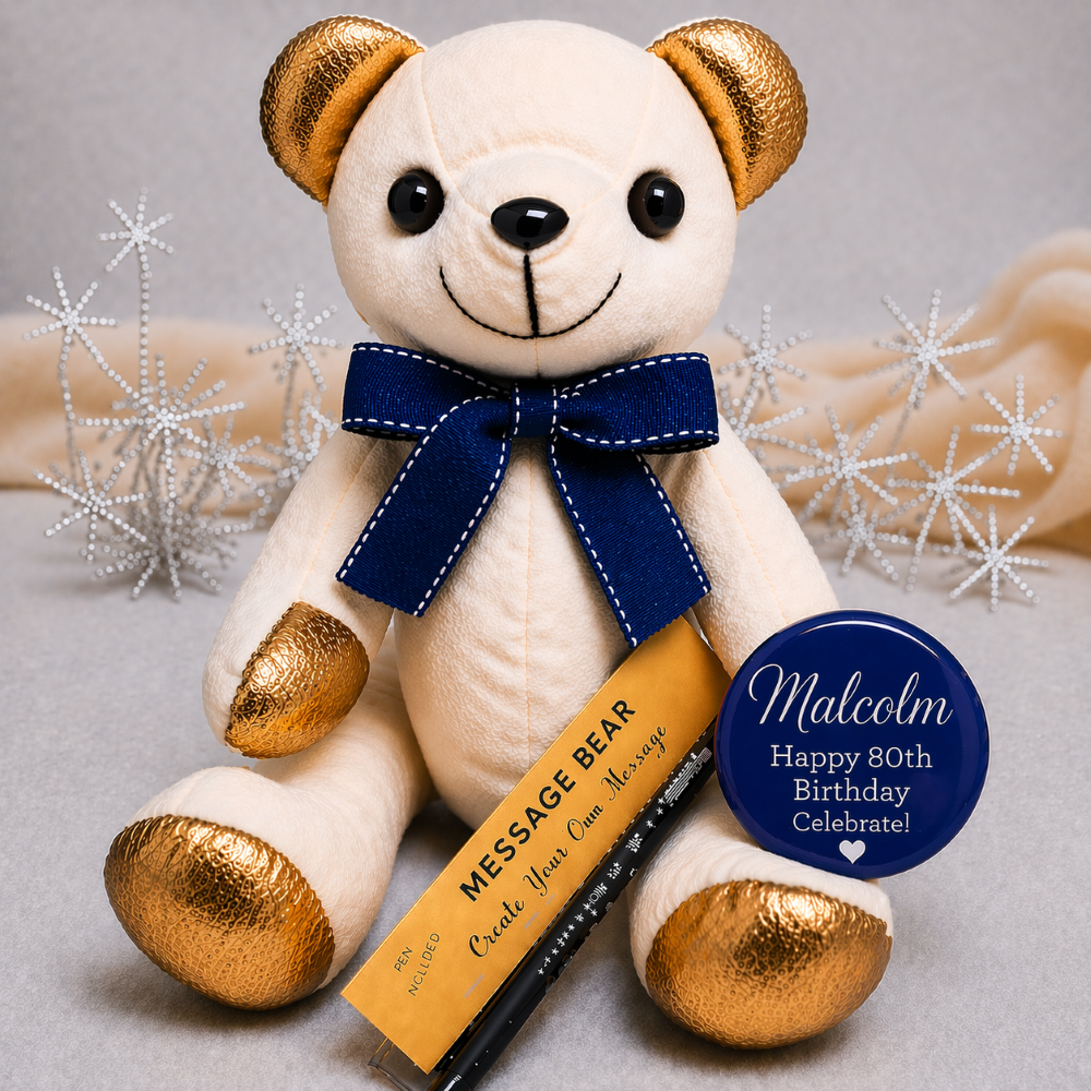 Signature Bear 80th Birthday Personalised Badge Gold Accents/Blue Bow