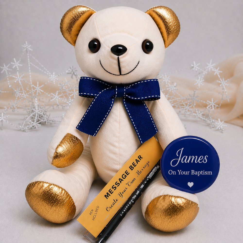 Signature Bear with Gold Ears and Feet Blue Bow and Badge – Baptism