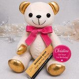 Signature Bear Gold Ears and Feet Pink Bow 1st Birthday Personalised Badge