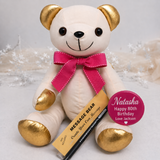 Signature Bear Pink Bow 80th Birthday Gold Ears/Pink Bow Personalised Badge